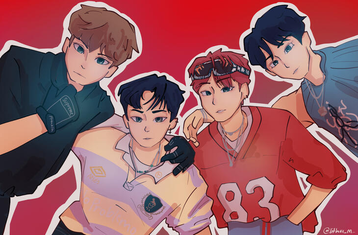 a drawing of the group tiot with their arms wrapped around each other, from left to right being kum junhyeon, choi woojin, kim minseoung, and hong keonhee. junhyeon is wearing a black sleeveless jumper and black gloves. woojin is wearing a yellow and purpl