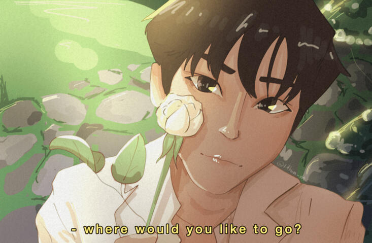 a drawing of han yujin from the shoulders up. he is holding a white flower, and there is a caption saying "where would you like to go?" the background is of a garden with stones, and has golden lighting.
