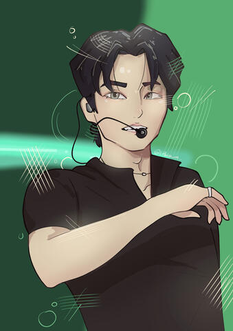 a drawing of park gunwook from the torso up. he has one arm across his chest and is wearing a mic. the background is green with a neon strip to indicate he is on a stage with intense lighting.