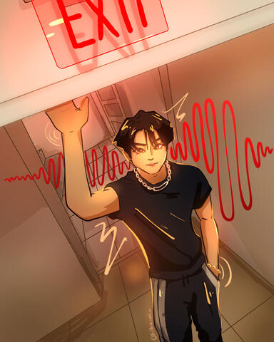 a drawing of park gunwook from the knees up. the angle is from the top and is tilted. gunwook is loosely holding onto the board that is dropped down from the ceiling, which has a sign that says exit in red. gunwook is wearing a black t-shirt and black swea