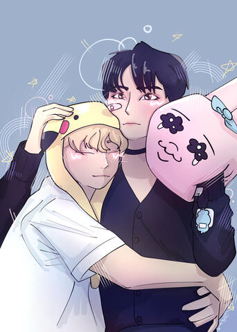 a drawing of seok matthew and park gunwook from the torsos up. matthew is on the left and is wearing a pikachu hat. he is hugging gunwook. gunwook is holding a pink rabbit pillow in one hand and is petting matthew's head with the other. the background is p
