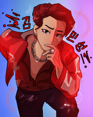 a drawing of kim minseoung from the knees up. he is bending his torso to meet the camera at eye level. he has one hand on his mouth and the other on his hip. he is wearing a red racer jacket, a dark red zip up shirt underneath that is zipped very low, and