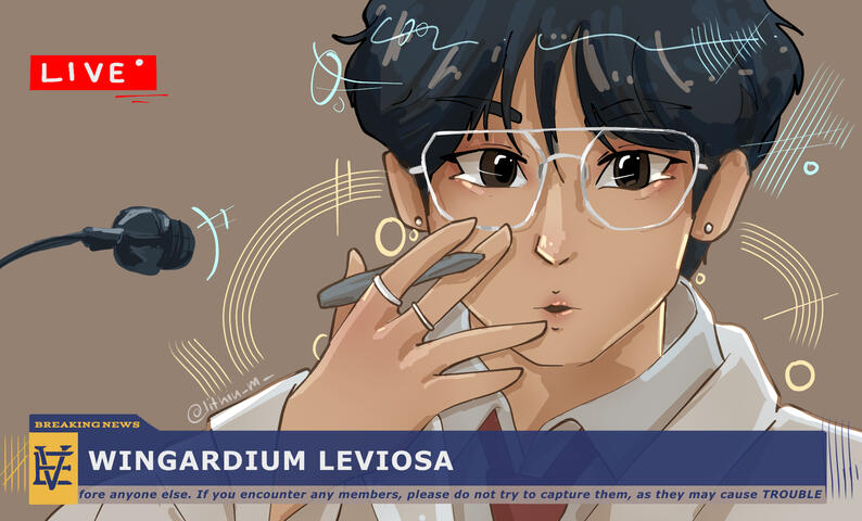 a drawing of keita from the shoulders up. he has his hand hovering on the bottom part of his face as if he is shocked about something. there is a live symbol and a joke caption as if this were a news segment.