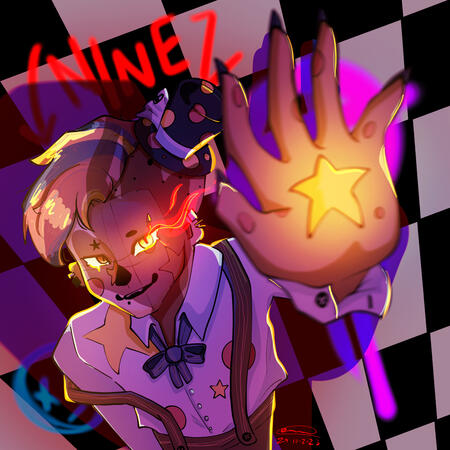 a drawing of ninez from the torso up. the perspective is from above, with his hand right up to what would be a camera and is lens blurred. ninez is a clown decoratde with stars and dots and is wearing a mini top hat.
