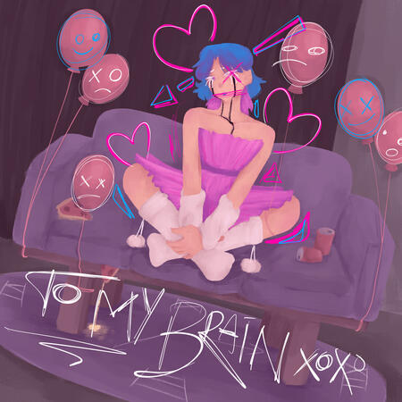 a drawing of a feminine figure sitting cross-legged on a couch. the image is tilted so that the couch isn't sitting perfectly horizontal. the figure has blue and pink hair and is wearing a pink ruffle dress as well as white arm and leg warmers. there are r